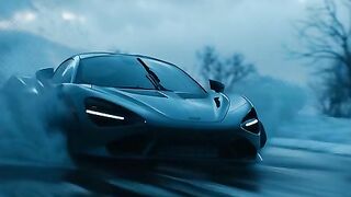 A sleek, modern hypercar is racing at ultra-high speed,