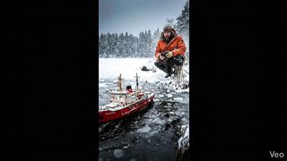 Tiny RC Icebreaker Looks REAL in a Snowstorm ❄️????. #rcboat #lakeboat #shorts