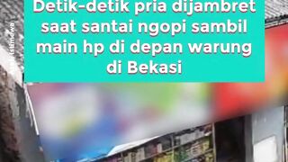 Ngopi santai berubah jadi mimpi buruk. Hendri jadi korban jambret saat bermain ponsel di depan warung di Bekasi