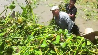 Fishing in open field. Canal river fishing