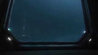a terrifying alien creature with textured dark skin and glowing eyes appearing at a spaceship window