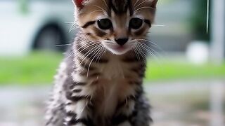 The beautiful cat is playing alone in the rain.