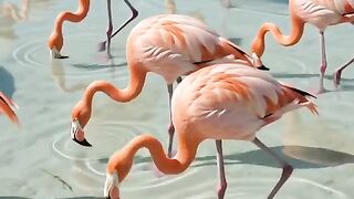 "Gentle manatee glides through a lagoon filled with curious flamingos."