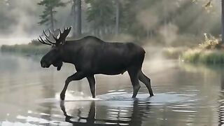 "Giant moose investigates a busy beaver dam in a misty forest lake