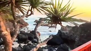Coastal Sunset with Rocks and Red Fence