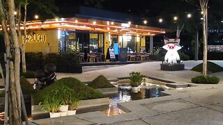 Outdoor Plaza with Trees and Seating Area at Night