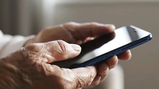 Senior person hands holding smartphone video footage for mobile communication