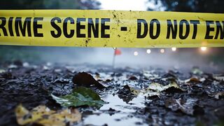 Crime scene tape cordoning off a wet muddy outdoor investigation video