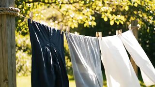 Laundry drying on clothesline in sunny garden video motion background