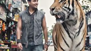 Tiger with man talking about