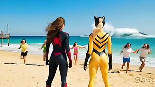 Spider-Woman & Hellcat vs GIANT 60-Foot Shark! Epic Beach Battle New York (Marvel AI Fight