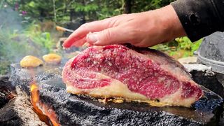 Steak and Eggs on HOT Stone with Crispy Forest Hasselback Potatoes ASMR - Men With The Pot