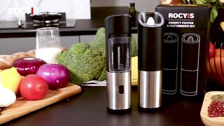 Rocyis Electvil Set-owered w/ LED Light, Adjustable Coarseness, One Hand Operated Smart Kitchen Gadgets, Stainless Steel, 2 Pack