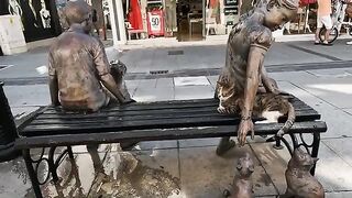 Stray cat, camouflaged next to the cat statues, started meowing when she saw the food