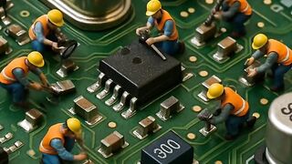 Young workers are repairing PCB components.