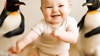 cute baby dancing with penguins