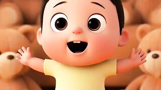Animated cartoon baby character surrounded by plush teddy bears in cheerful setting
