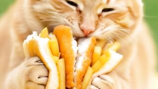 a cute cat eating sandwich with fries and chicken