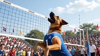 Dog vs men volleyball match