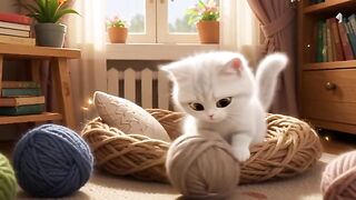 Cute White Kitten Playing with a Yarn Ball! 🐱🧶 | Adorable Cat Moments