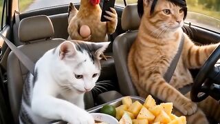 Cat is driving car and eating food