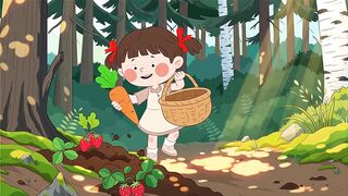 Bunny going the forest to collect some carrots and fruits."