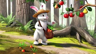 A Rabbit  going into the forest to collect some carrots and fruits."