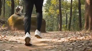 My running outside with cute cats