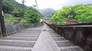 A cat was lying down on a slope; when I got closer, it rubbed against my legs—it was just too cute.