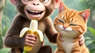 Monkey & Cat's Crazy Jungle Adventure 😂 | Funniest Animal Comedy Video | Viral Animation 🤣 eating banana