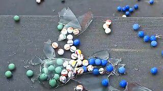 Breaking Blue yellow glass Bottles Crushing Crunchy Soft things