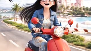 Cute anime girl riding a red scooter on a tropical beach road