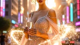 Elegant beautiful woman in sparkly gown holding champagne on a city street