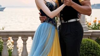 Romantic couple dancing and kissing at sunset by the ocean