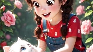 A Magical Adventure: Cute Girl and Her Fluffy Kitten in the Rose Garden