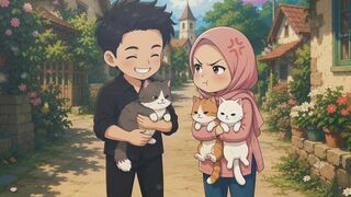 Dua anak remaja bersama kucing