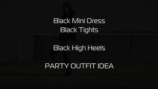 Super Legs - High-neck ruffled mini dress, Black Pantyhose, Louboutin High heels ( how to style )