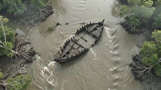 A boat has been wrecked by a storm in the Sundarbans.