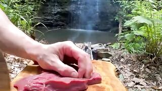 Cooking Meat Stuffed Eggplant Rolls by a Waterfall | Forest Campfire Food