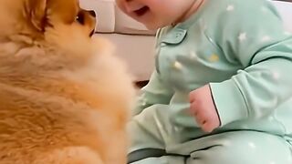 Fluffy Puppy Talks to Baby Girl 😂🐶 | Cutest Baby and Dog Video You'll Ever See!"
