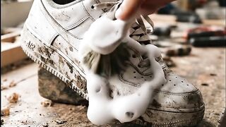 Hand distressing white sneaker with sponge for custom DIY shoe art and upcycling project