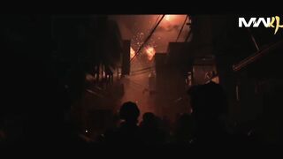 Sci-fi warrior in futuristic armor aiming weapon in dark battle scene