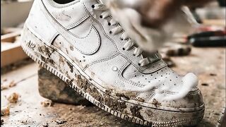 Close-up of person customizing worn white sneakers with paint and distress techniques
