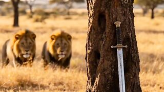 Monkey Sleeps Peacefully as a Falling Sword Scares Two Lions 😂🐒🦁 Description: