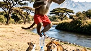 Monkey Shows Off Kung Fu on Three Bottles… Then Falls 😂🐒🦁