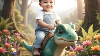 cute little boy riding on dinosaur