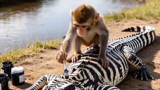 Monkey Rides a Zebra-Painted Crocodile and Scares the Zebras 😂🐊🦓