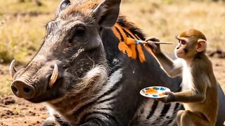 Monkey Paints a Pig Like a Tiger and Tricks the Lions 😂🐒🐷🐯
