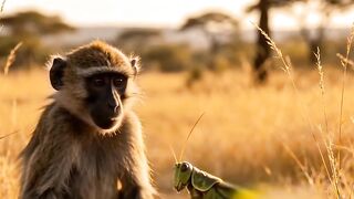 Title: Monkey Watches a Grasshopper Practice Martial Arts with a Wooden Staff 😂🐒🦗