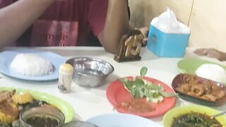 Large seafood meal menu eaten with family